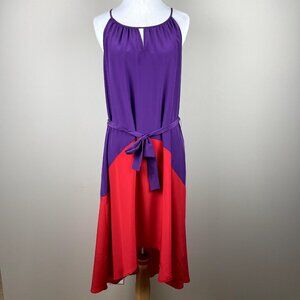 Antonio Melani Midi Dress 6 Purple‎ Red Colorblock 100% Silk High Low Belted